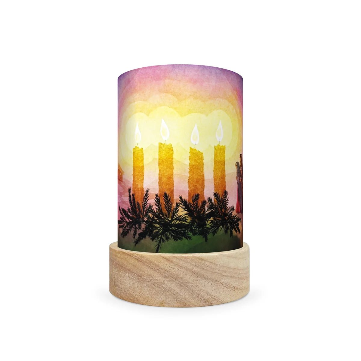 A cylindrical table lamp shade with a light wood base, featuring a printed wrap-around design of four lit candles against a sunset sky with palm trees.