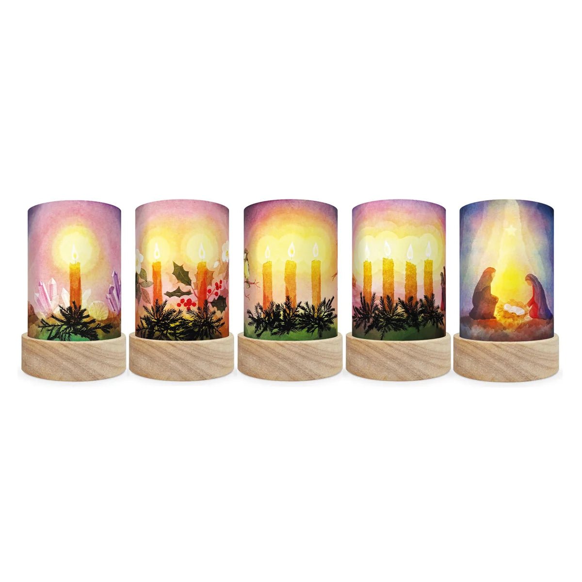 Five cylindrical pillar candle shades with light wood bases, each featuring a different warm-toned nativity or candle-themed illustration on the wrapper, shown against a plain white background.