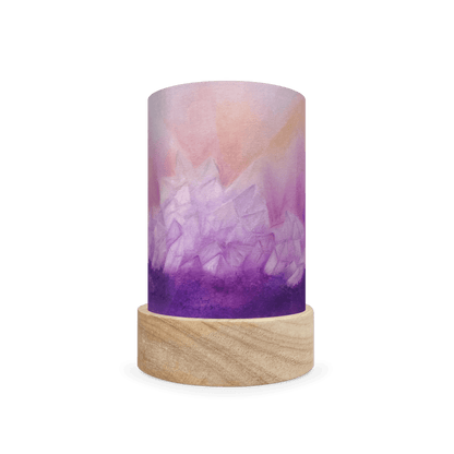 Decorative cylindrical lamp featuring a scene of purple amethyst on a white background
