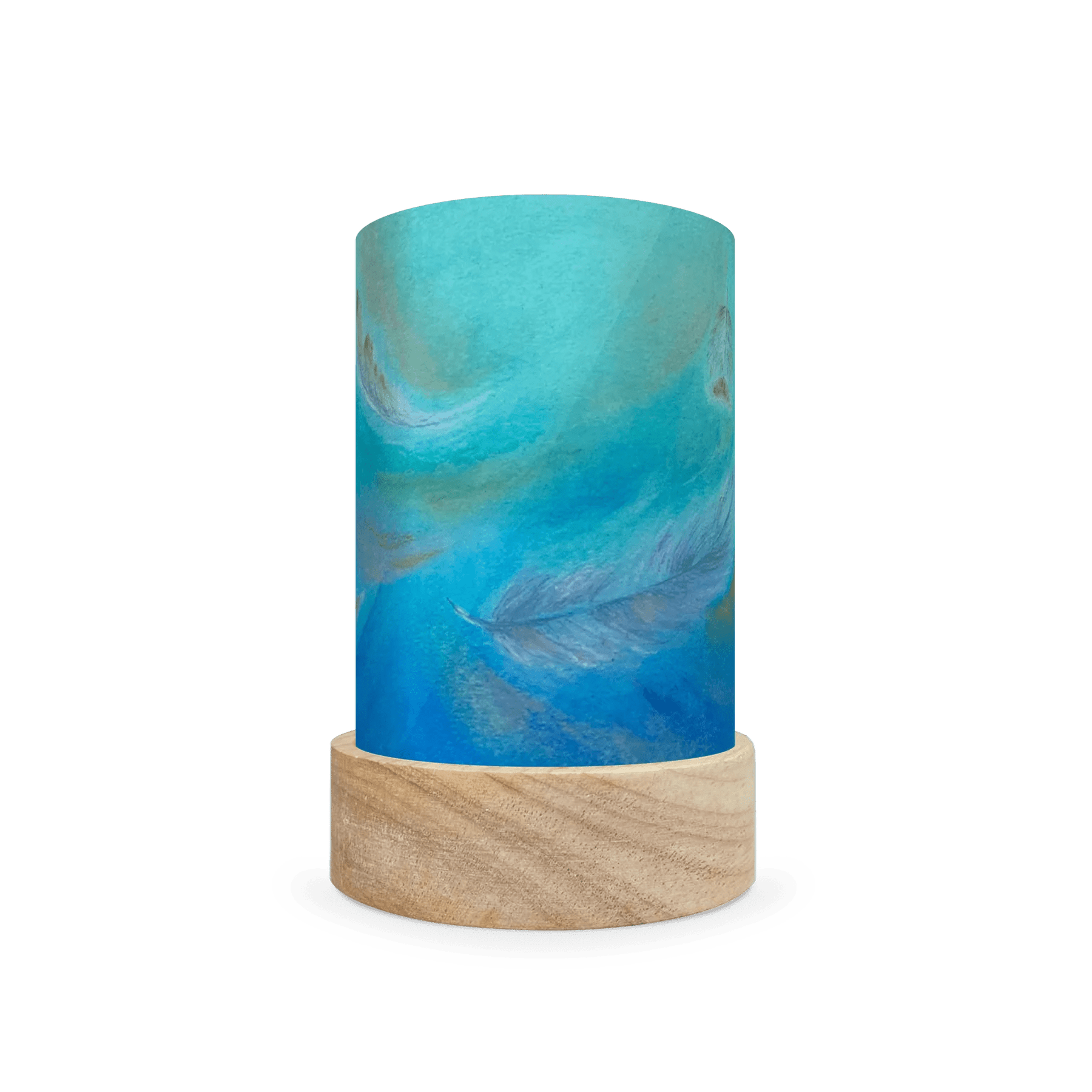Decorative cylindrical lamp featuring a scene of feathers on a white background