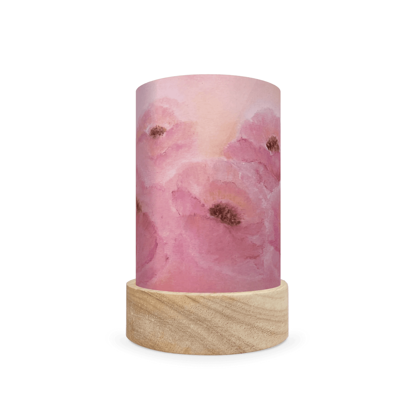 Decorative cylindrical lamp featuring a scene of pink poppies on a white background