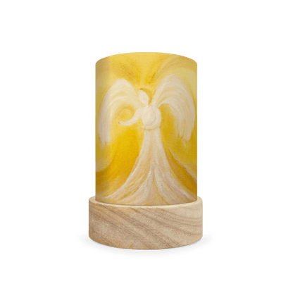 Decorative cylindrical lamp featuring a scene of an angel on a yellow background