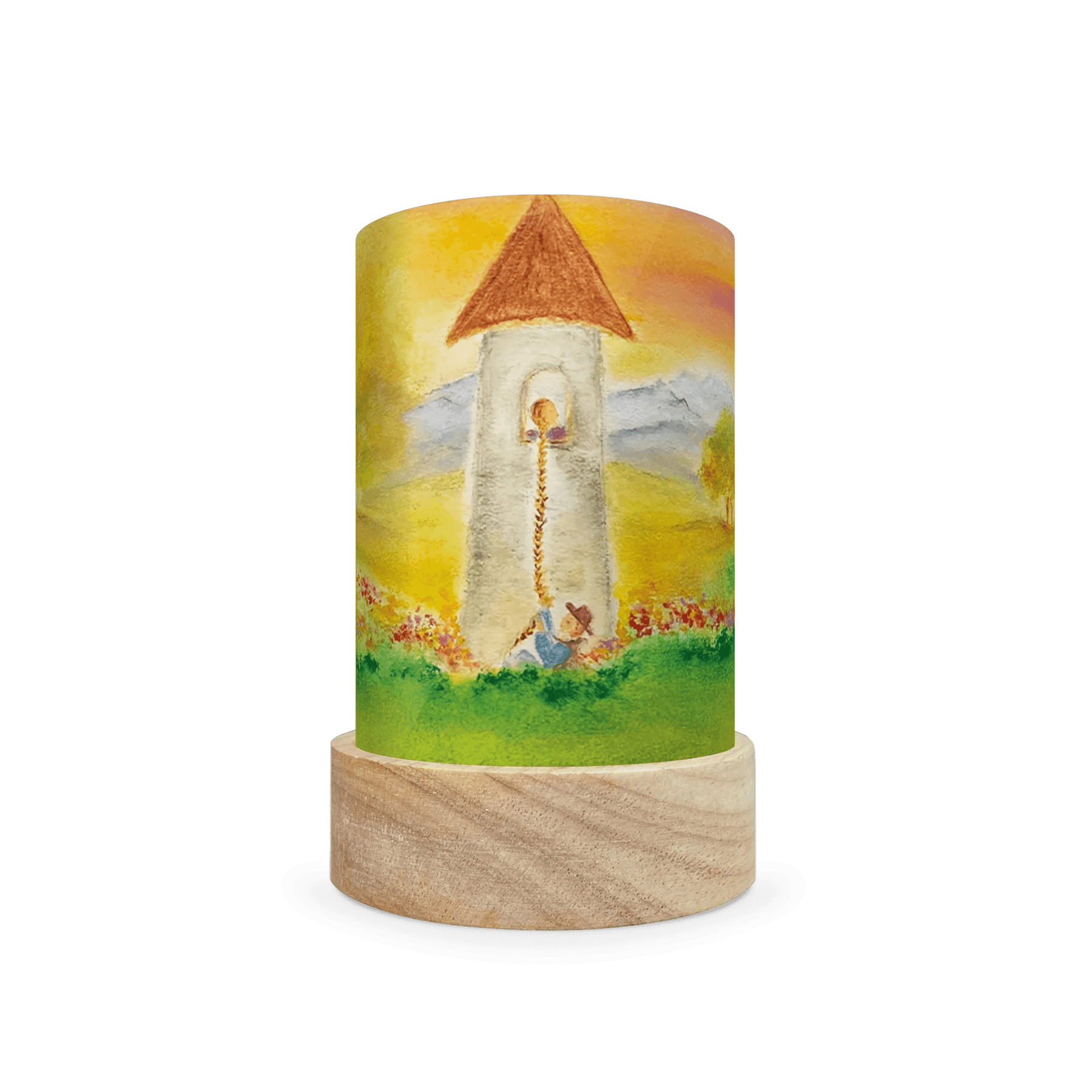 Decorative lamp depicting a scene from Rapunzel on a white background