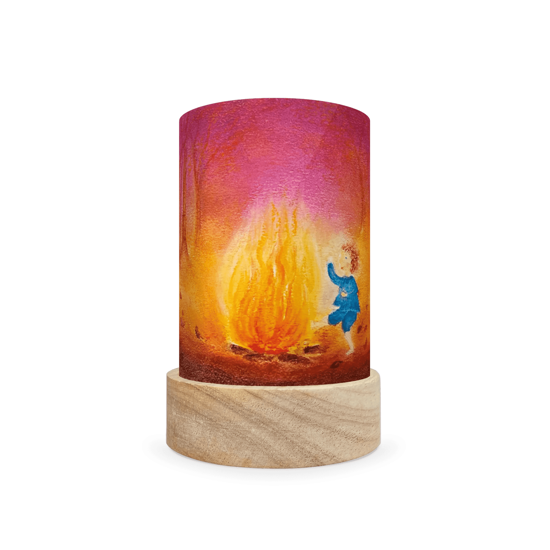 Decorative lamp depicting Rumplestiltskin sitting by a camp fire on a white background