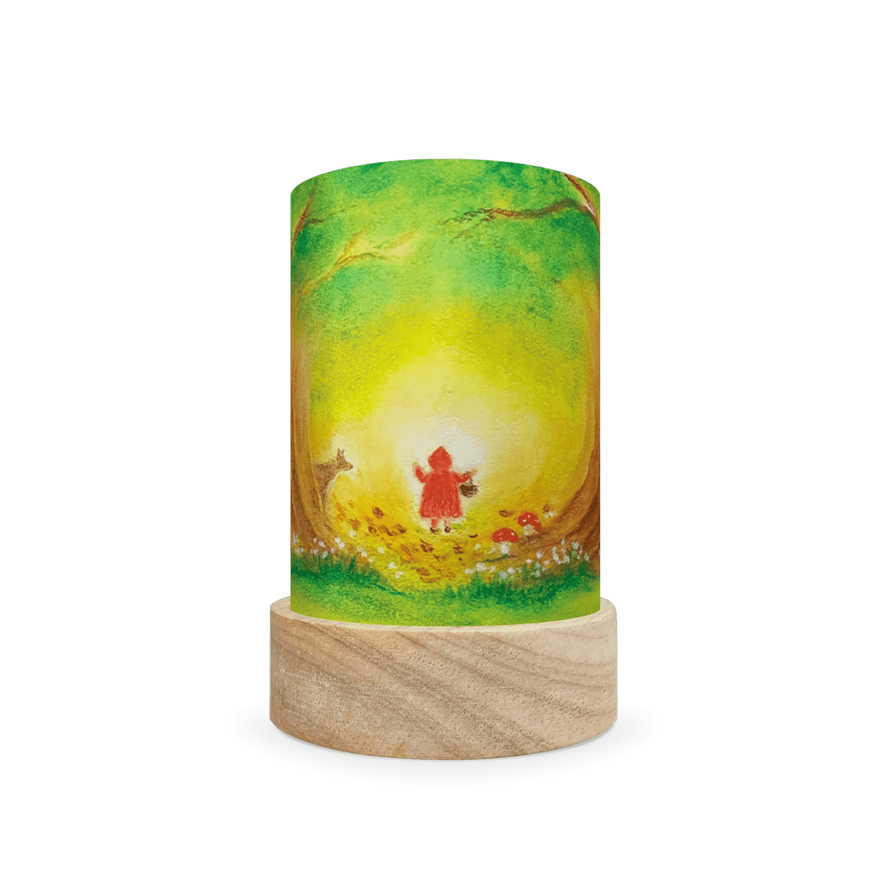 Decorative lamp featuring Red Riding Hood traveling through the forest on a white background