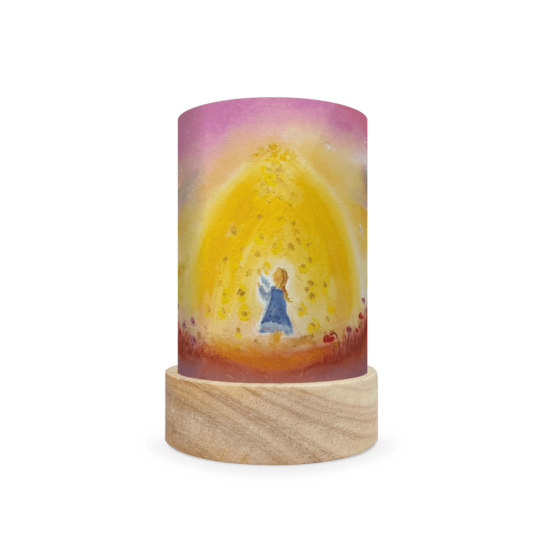 Decorative lamp depicting a scene from Mother Holle on a white background