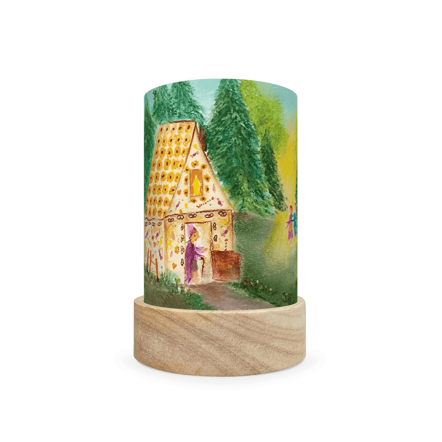 Decorative lamp depicting scene from Hansel and Gretel on a white background