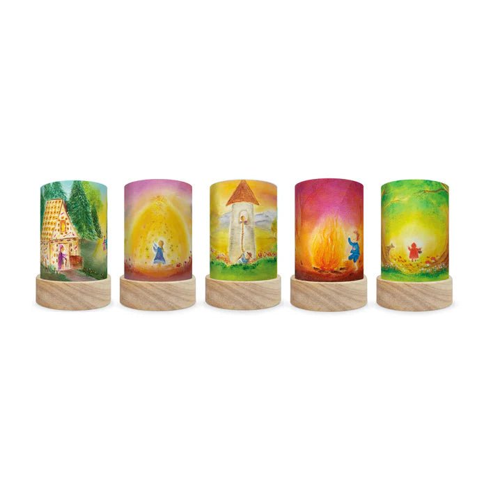 Set of 5 decorative lamps featuring fairy tale scenes on a white background