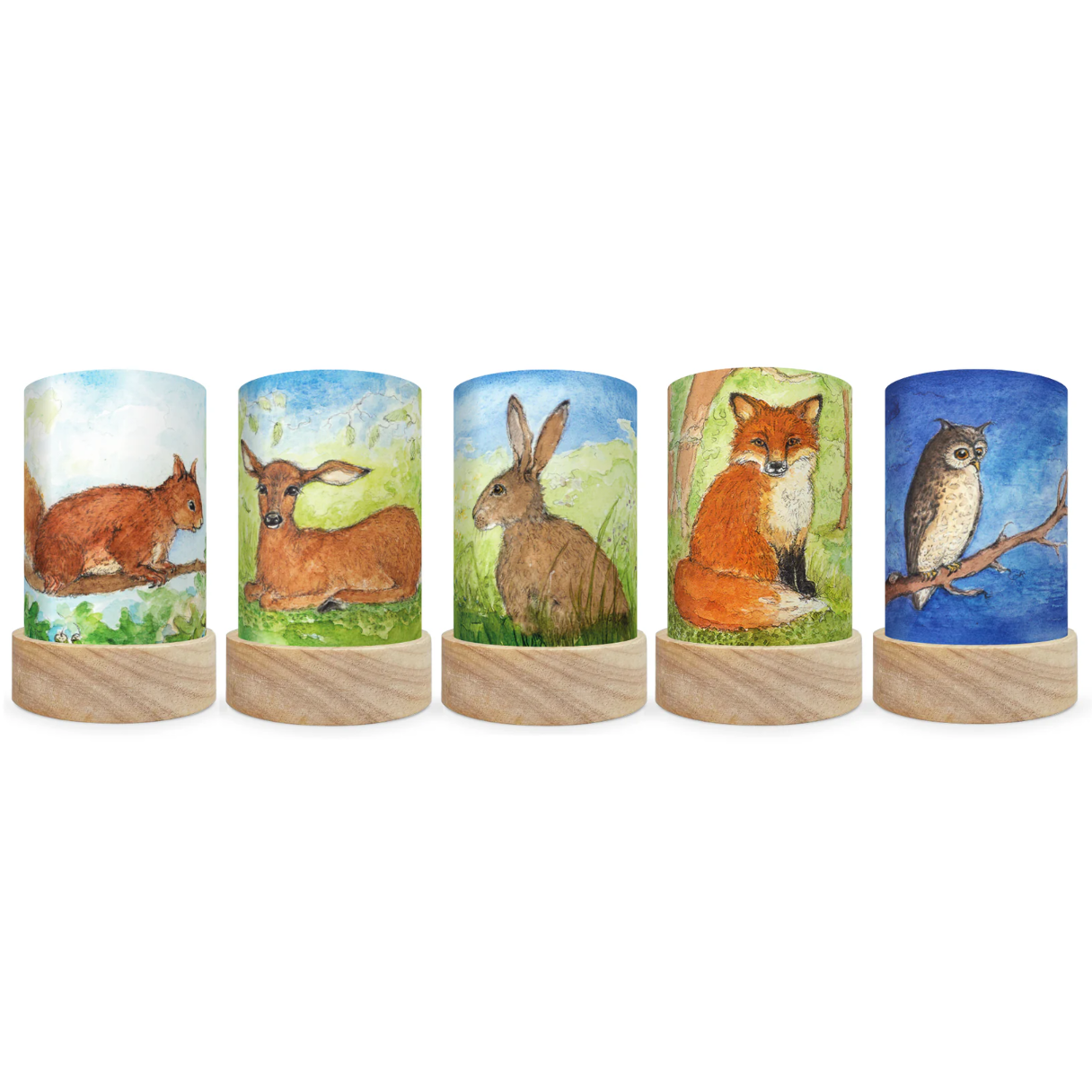 Five mini lantern silhouettes with a squirrel, deer, rabbit, fox, and owl.