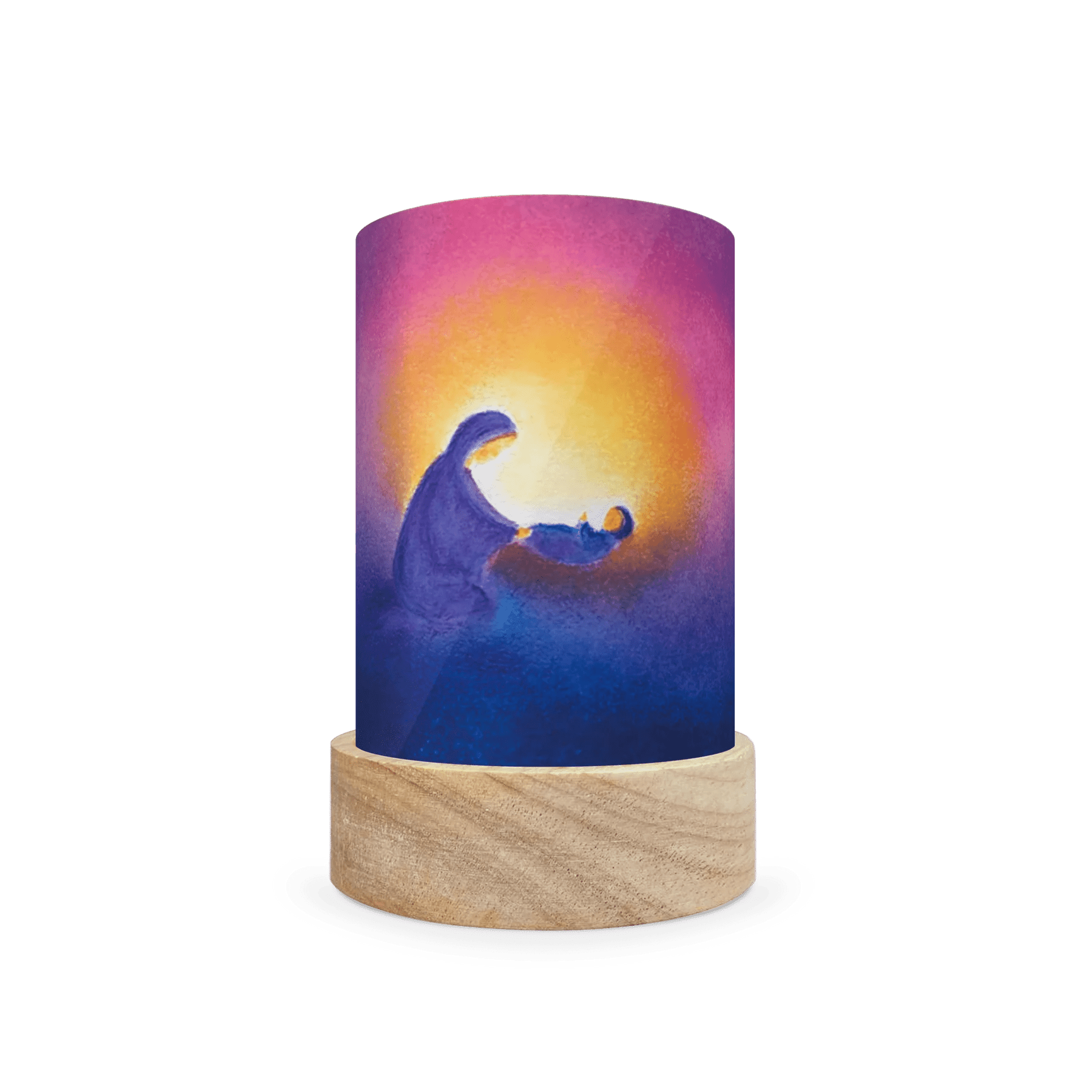 Decorative lamp with a wooden base and colorful design of Mary and Baby Jesus on a white background