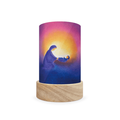 Decorative lamp with a wooden base and colorful design of Mary and Baby Jesus on a white background