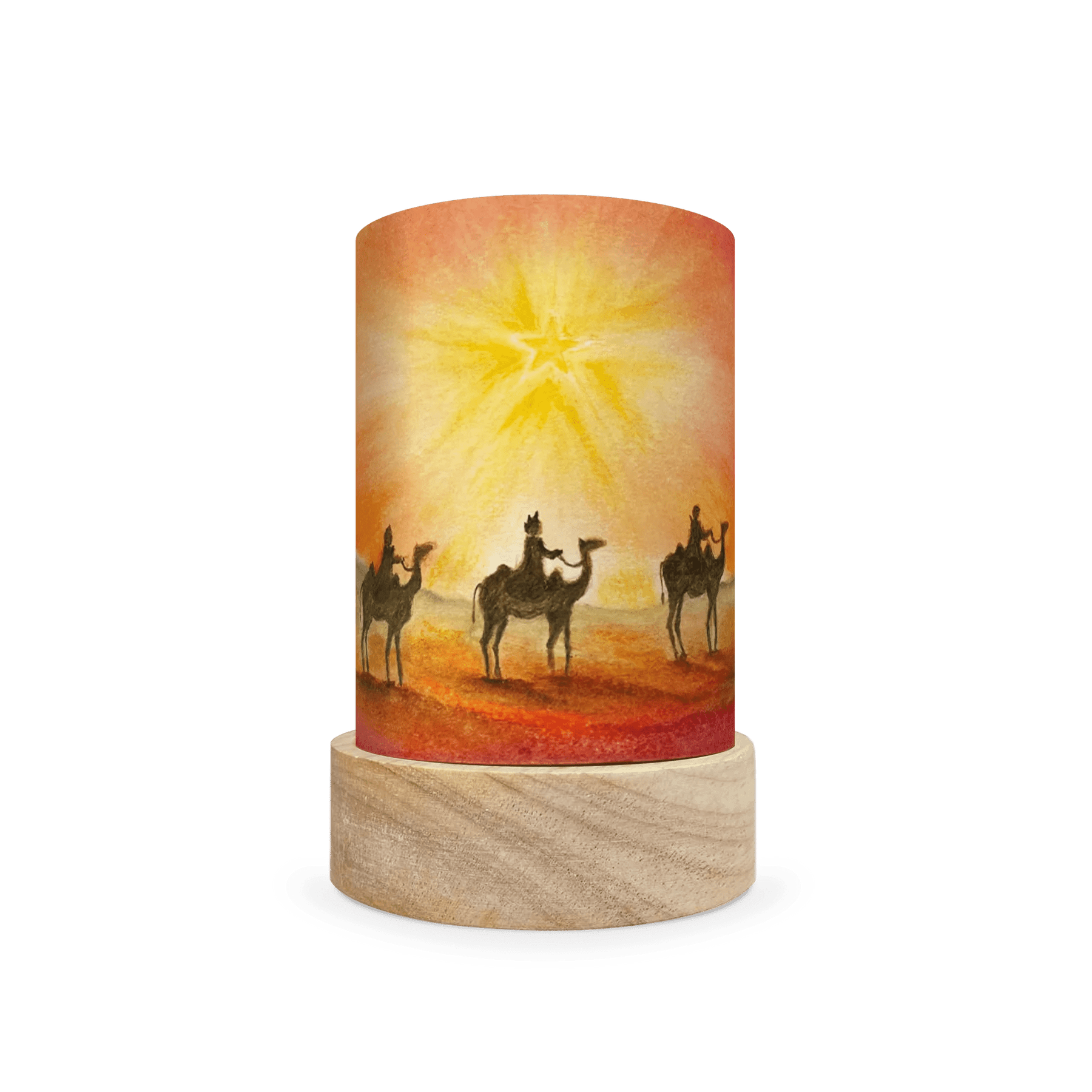 Decorative lamp with a scene of the three wise men traveling on camels in the desert on a white background
