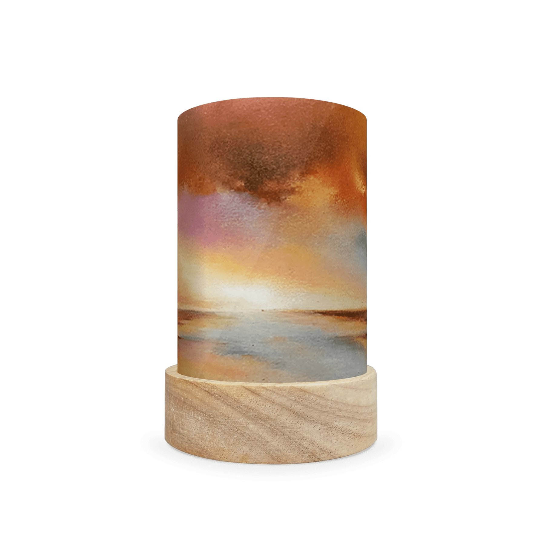 Cylindrical lamp with a wooden base and sunset landscape on a white background