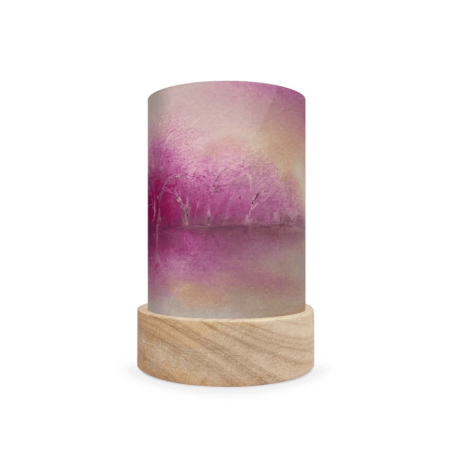 Cylindrical lamp with a wooden base and gradient purple to pink landscape on a white background