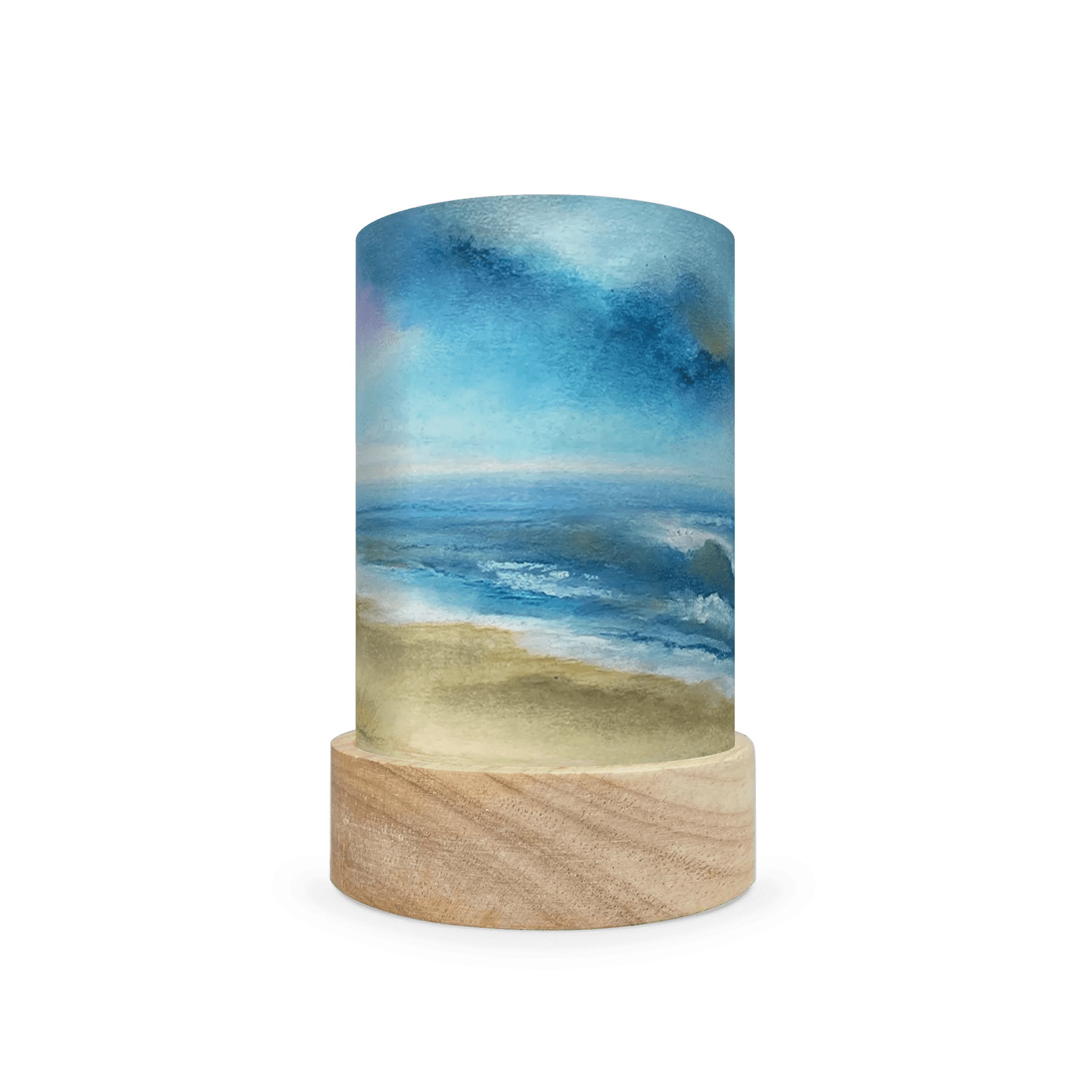 Cylindrical lamp with beach scene design on a white background