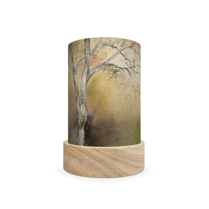 Cylindrical lamp with natural design depicting a birch tree on a wooden base