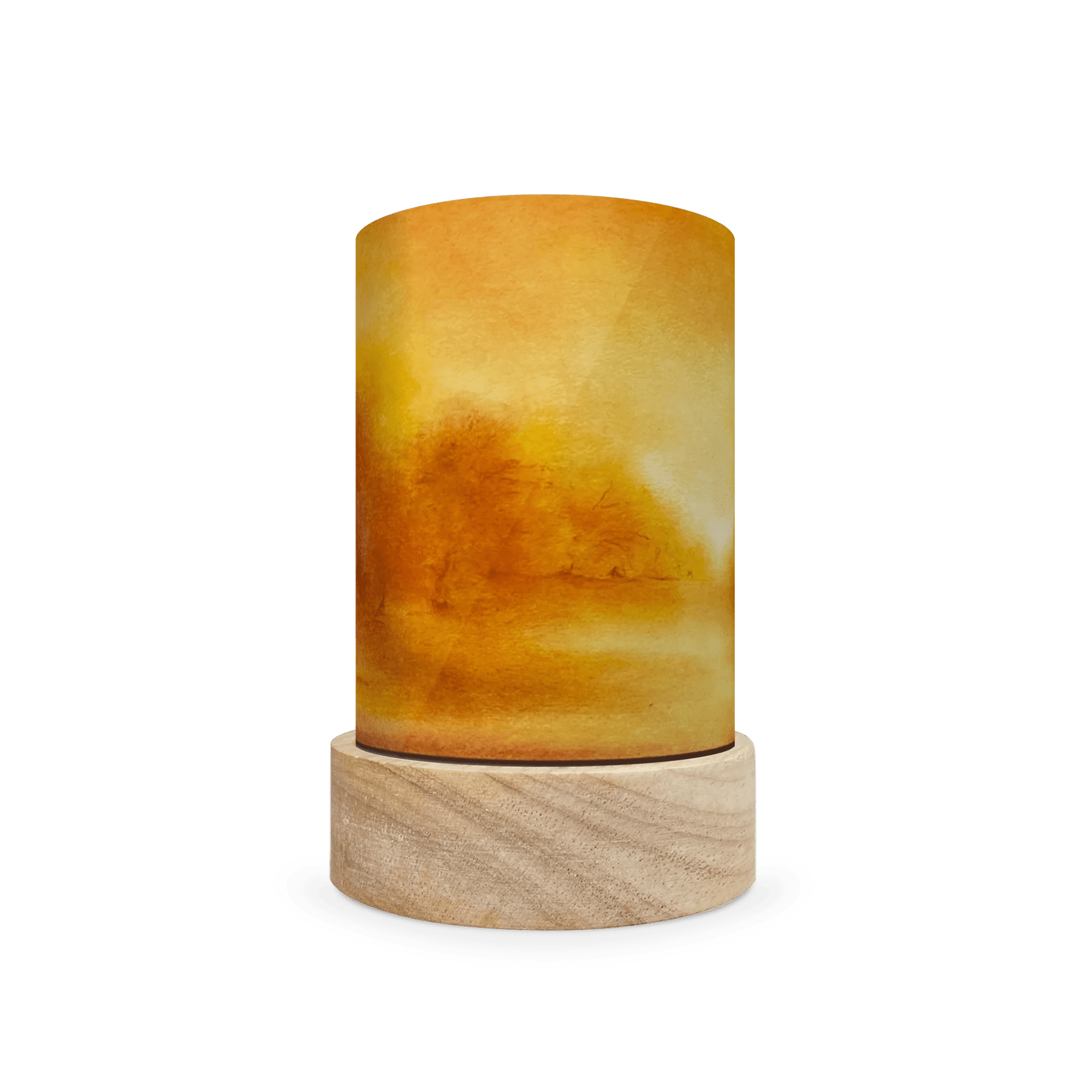 Cylindrical wooden lamp with a yellow to orange gradient landscape of a forest on a white background