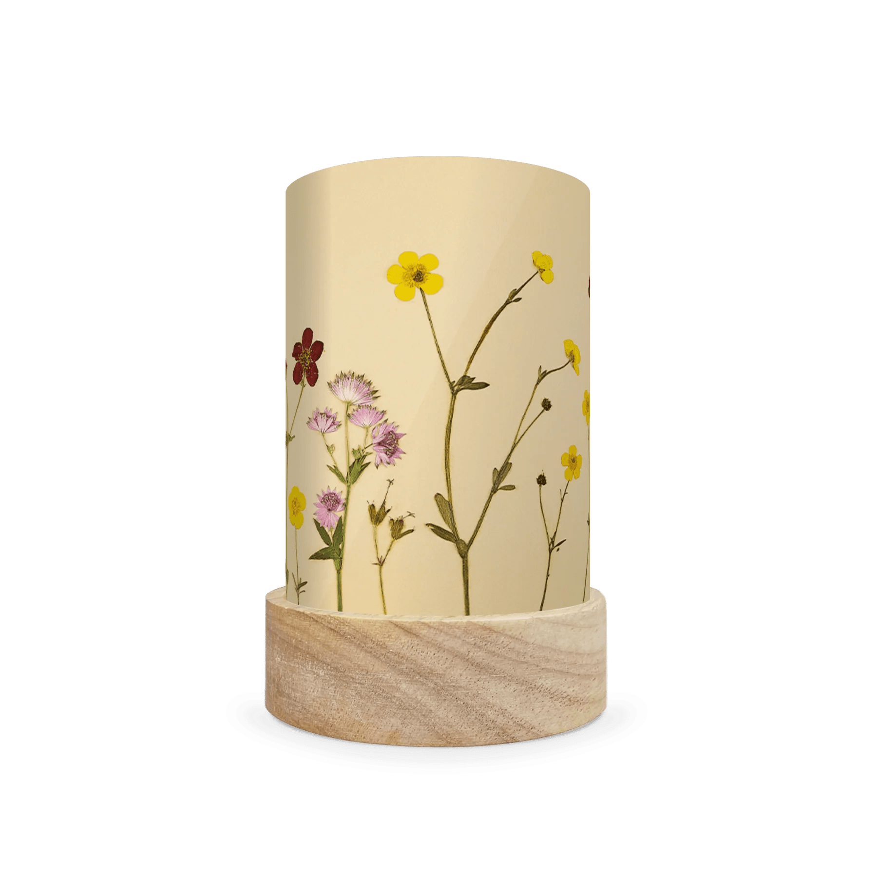 Mini lantern silhouette of pressed yellow, pink, and red flowers on a light background