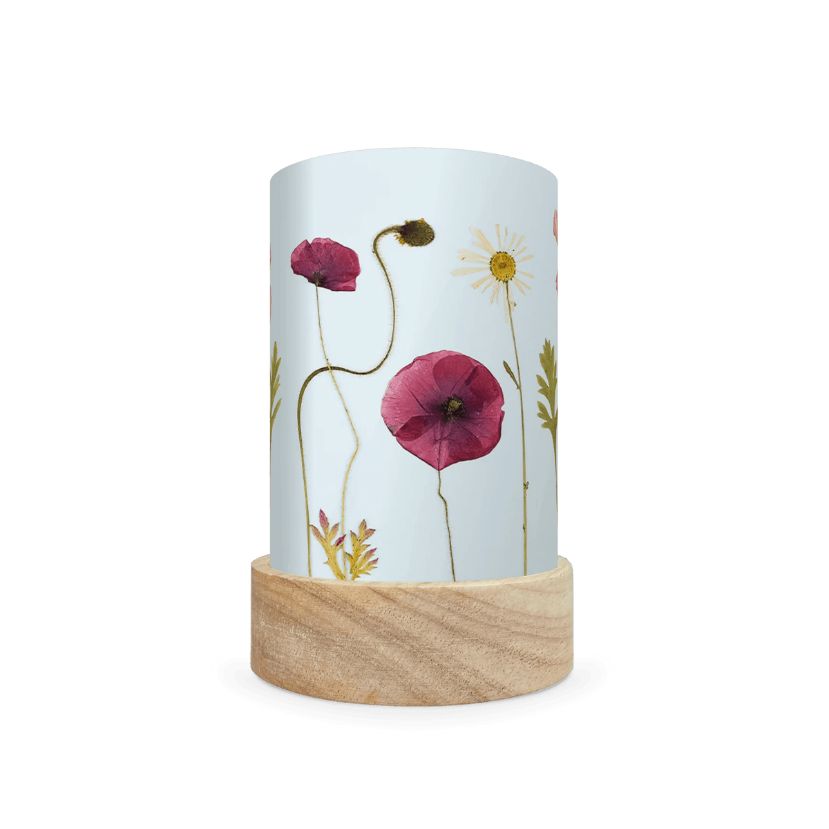 Mini lantern silhouette of pressed purple and white flowers on a light blue background