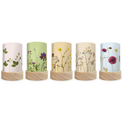 Five mini lanterns with silhouettes of pressed flowers