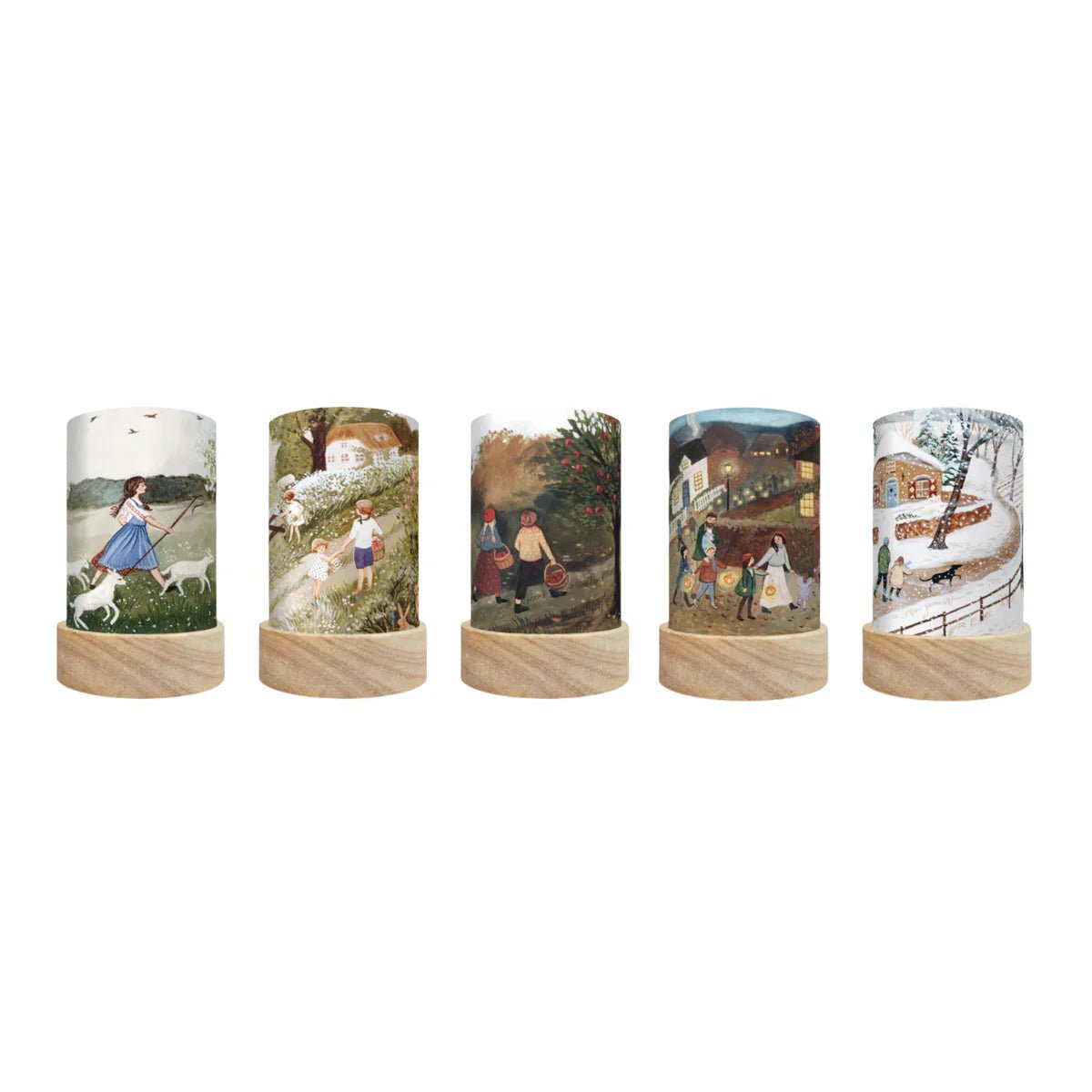 Five cylindrical lamps featuring scenes of people walking through nature on a white background