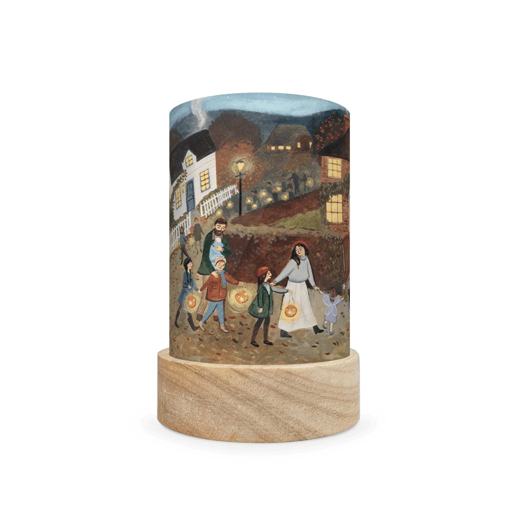 Decorative lamp depicting a family walking down the street holding orange lights on a white background