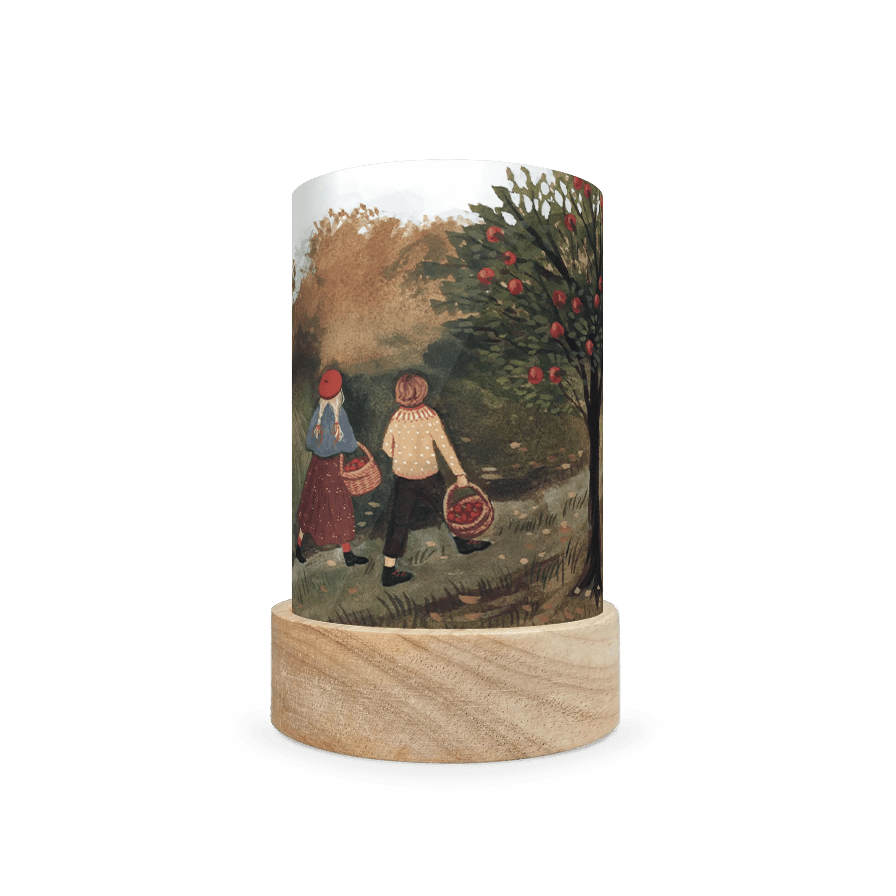 Decorative lamp depicting scene of two people apple picking on a white background