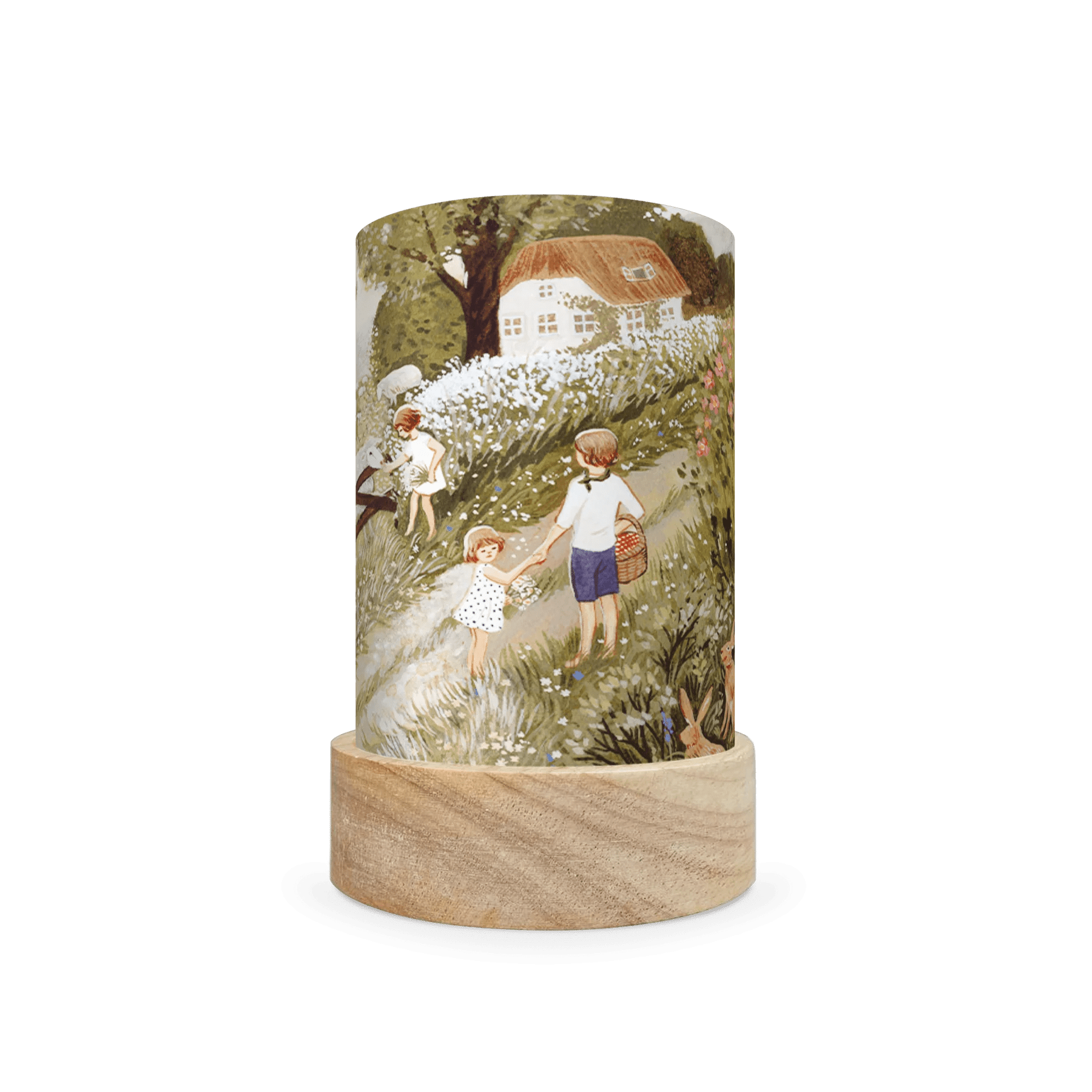 Decorative lamp with a scene depicting children walking down the lane picking flowers on a white background