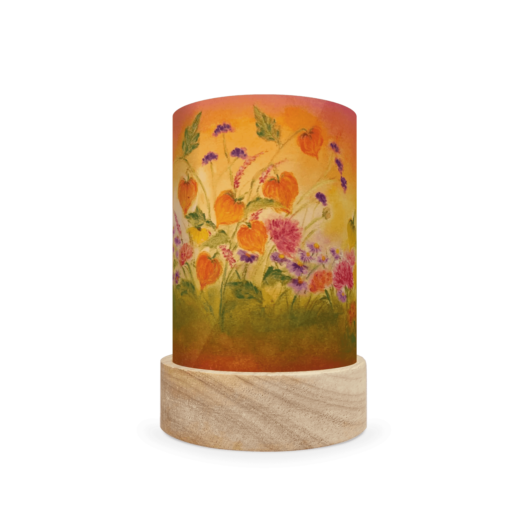 Decorative cylindrical lamp with autumnal orange and pink floral design on a white background