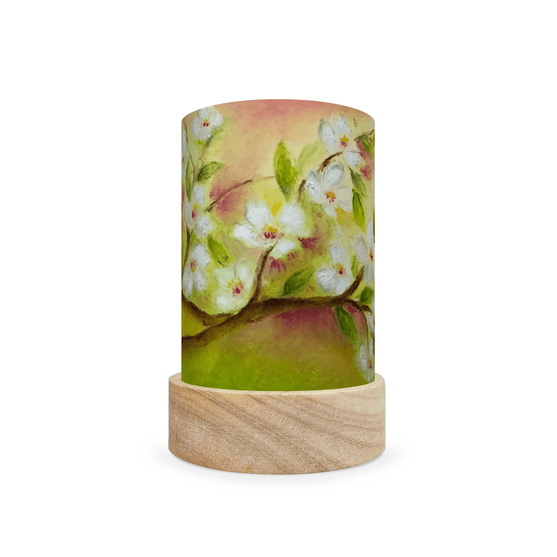 Decorative cylindrical lamp featuring white spring flowers