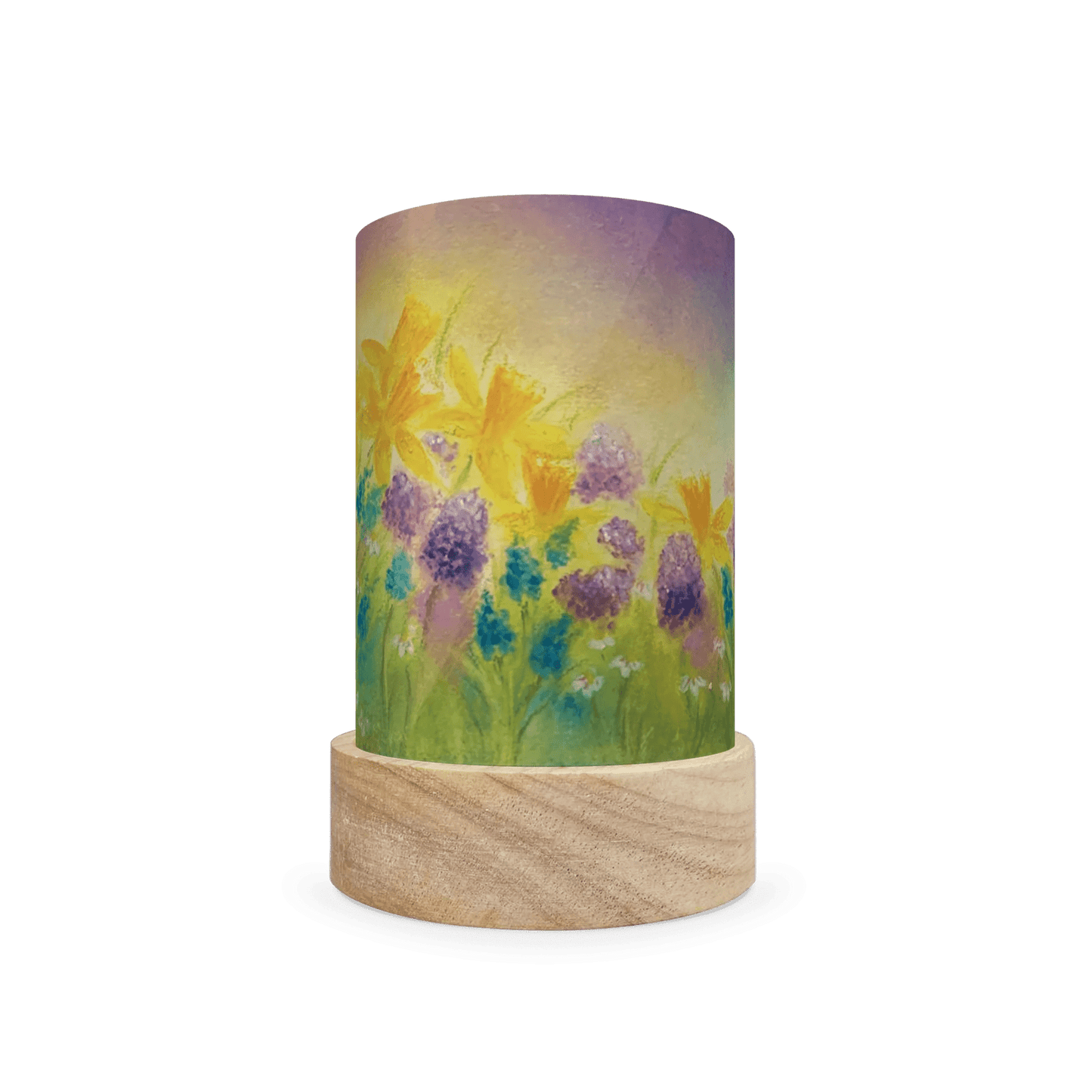 Decorative cylindrical lamp featuring blue and purple spring floral design on a white background