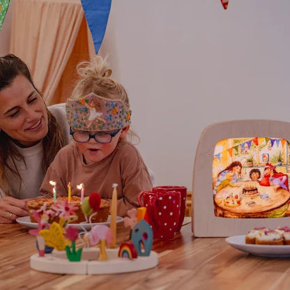 Child with a birthday cake and candles, wearing a party hat, with a woman and a small screen displaying a birthday scene.