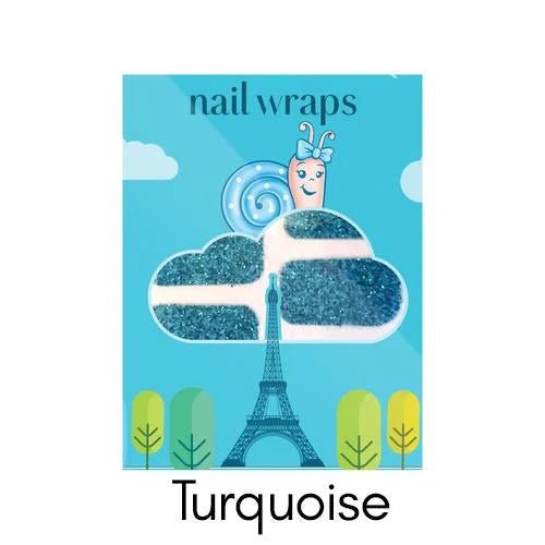 Turquoise nail wrap packaging with a cloud and Eiffel Tower design on a blue background.