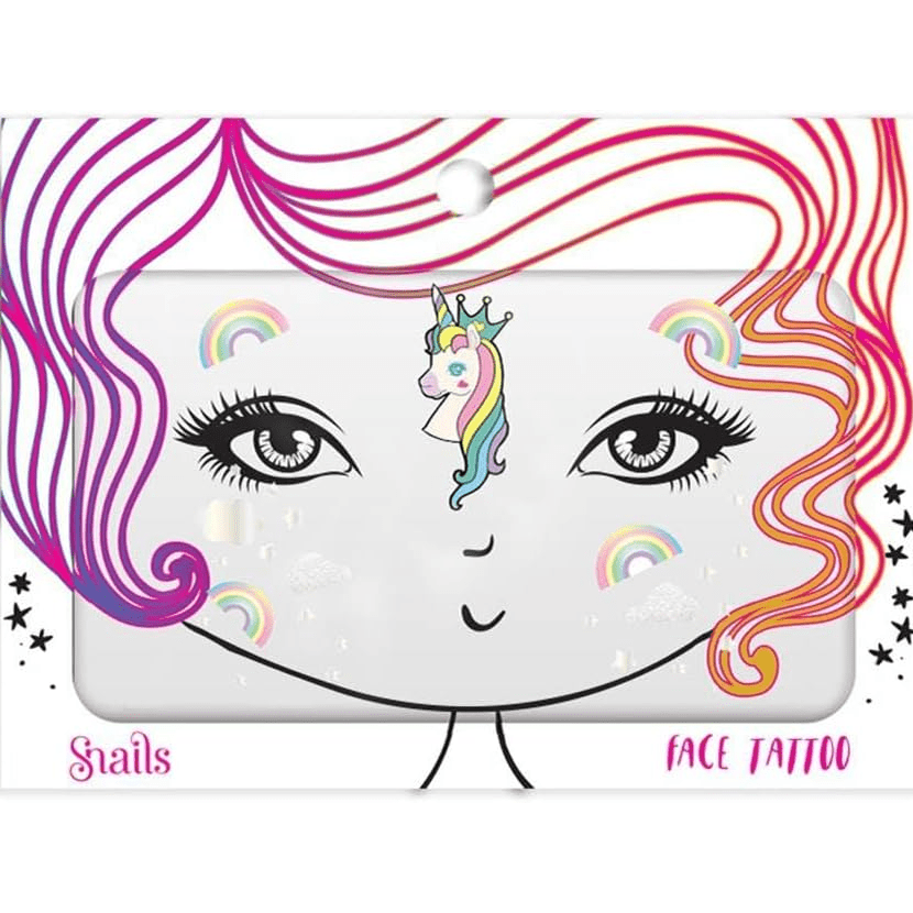 Snails brand face tattoo stickers featuring a unicorn, clouds, and rainbows