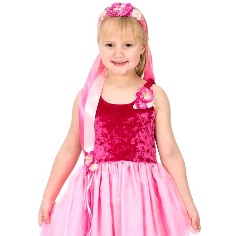 A young girl wearing a pink and magenta flower girl costume dress with a matching pink headband, set against a plain white background.