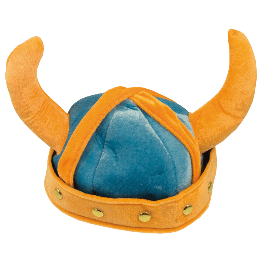 Blue plush viking helmet with gold horns on a white background