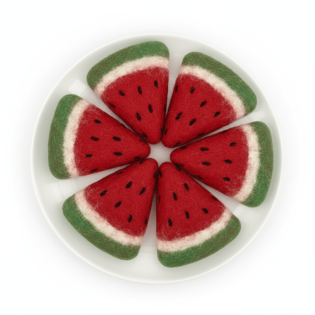 6 slices of felted watermelon on a white plate on a white background