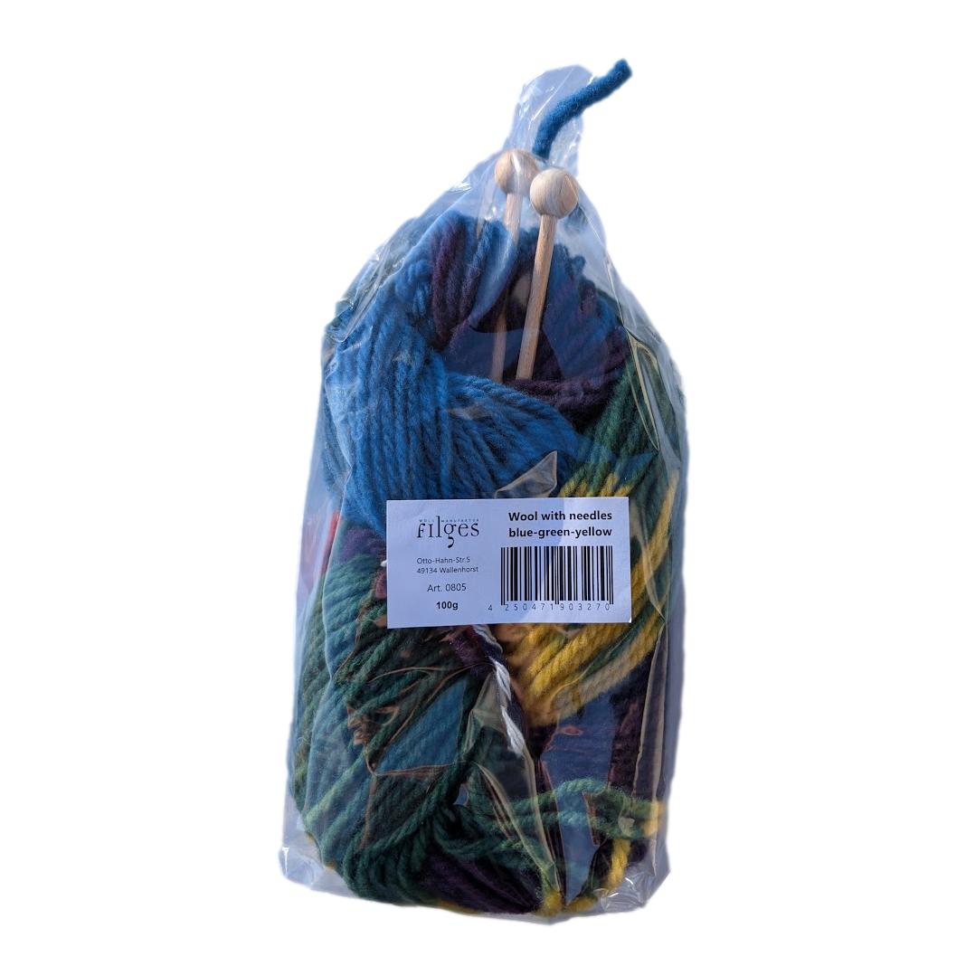 Wood Knitting Needles & Organic Yarn, Blue Green Yellow - Filges - wood, wool, natural for open-ended play - Title: Defaul...