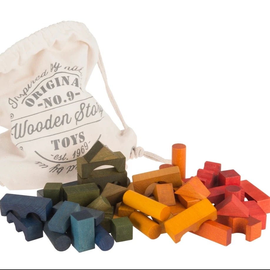 Wooden Blocks in Sack (Rainbow) - 100 pcs - by Wooden  Story - wood, cotton, natural, beeswax for open-ended play - Title:...