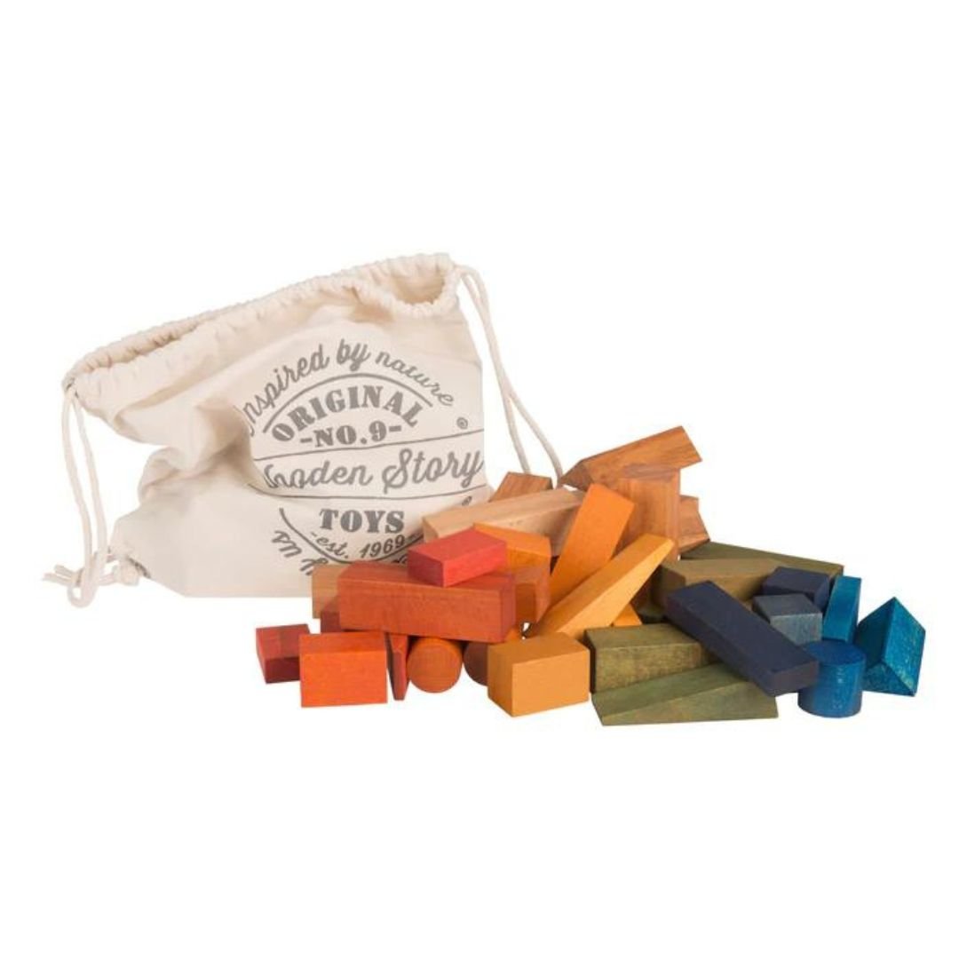 Wooden Blocks in Sack (Rainbow XL) - 50 pcs - by Wooden  Story - wood, cotton, natural, beeswax for open-ended play - Titl...