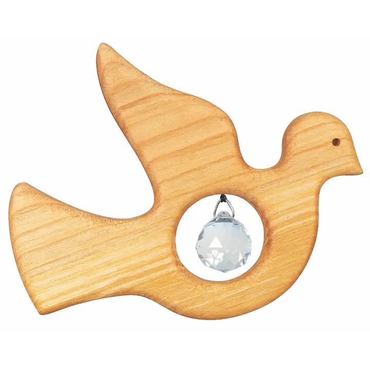 Wooden dove-shaped suncatcher with a crystal ball inside on a white background