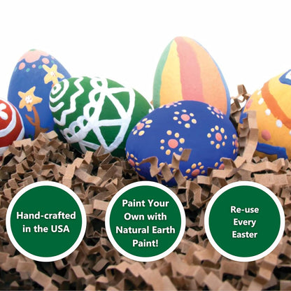 Colorful hand-painted Easter eggs on cardboard with text about their features.