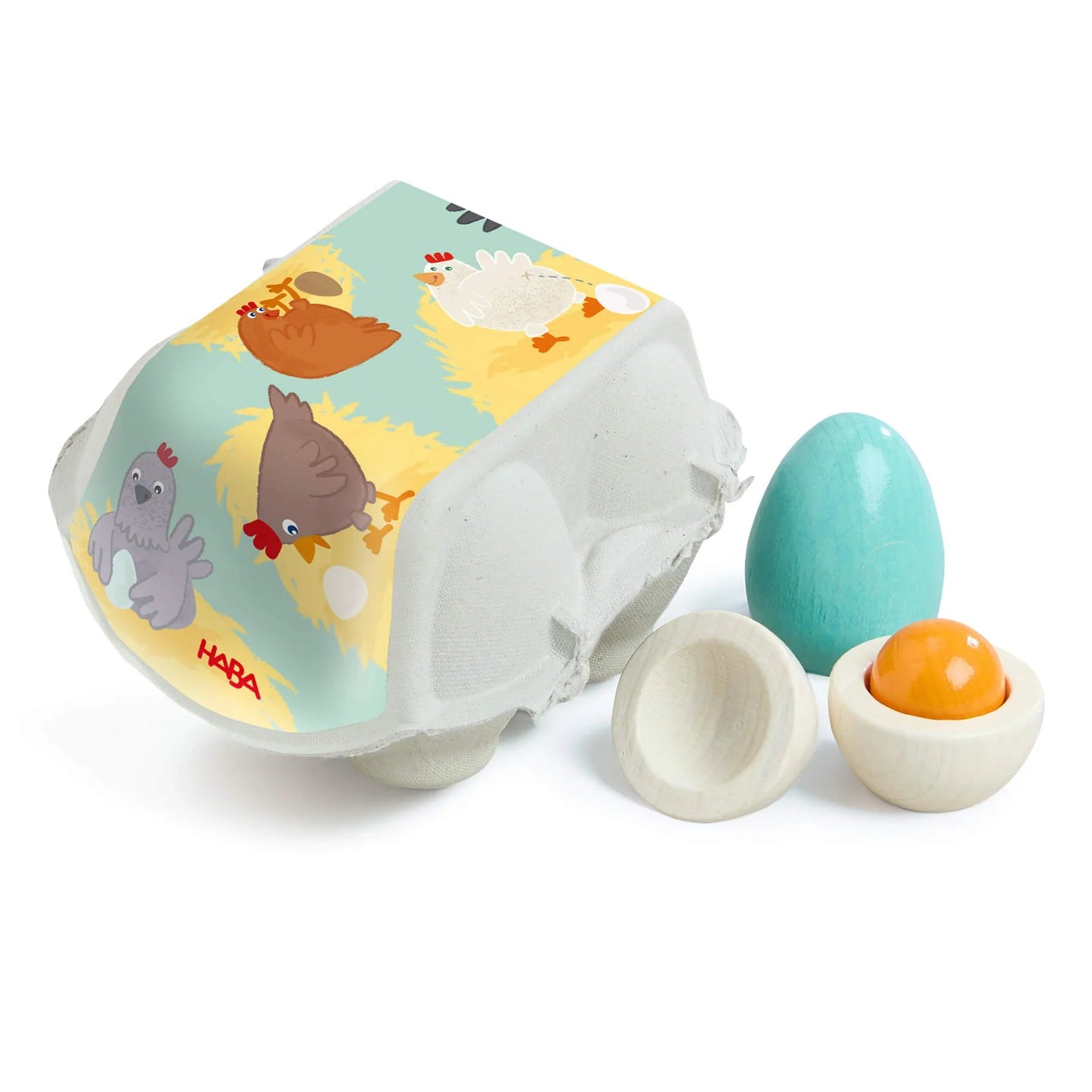 Children's toy set with a cartoon egg carton and wooden eggs on a white background