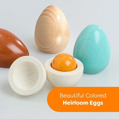 Colorful wooden eggs on a light gray background with 'Beautiful Colored Heirloom Eggs' text.