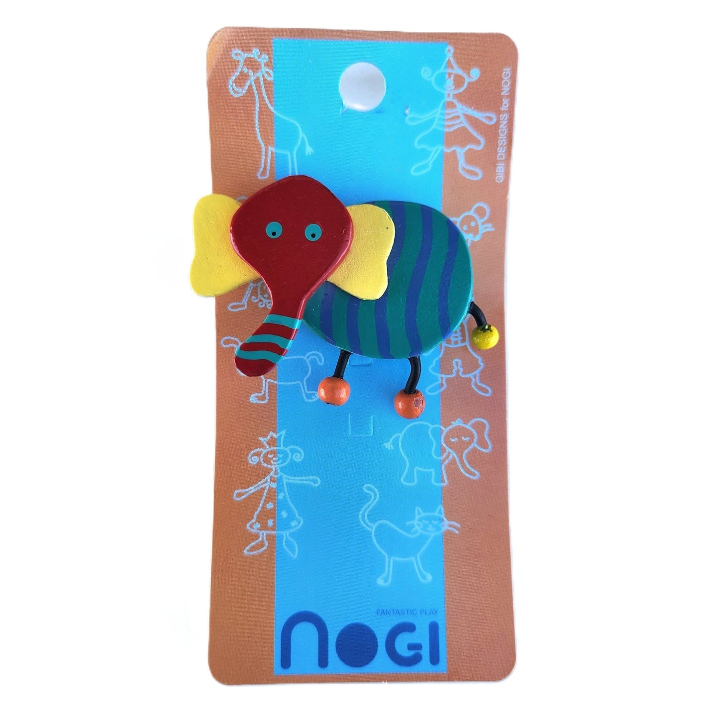 Wooden pin of red, yellow, green, and blue elephant on Nogi branded packaging