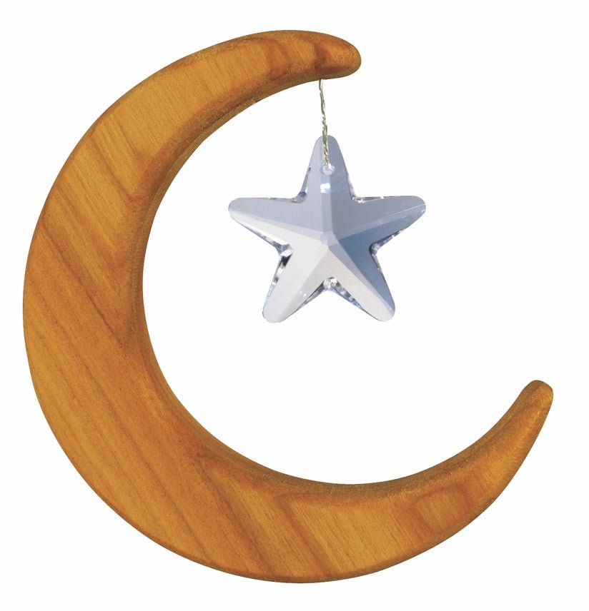 Wooden crescent moon suncatcher with a hanging crystal star on a white background