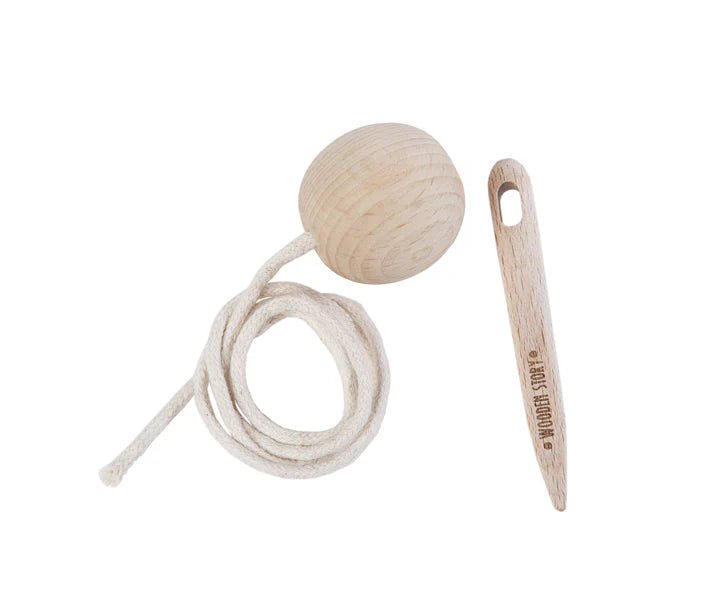 Wooden Story needle and thread attached to wooden ball