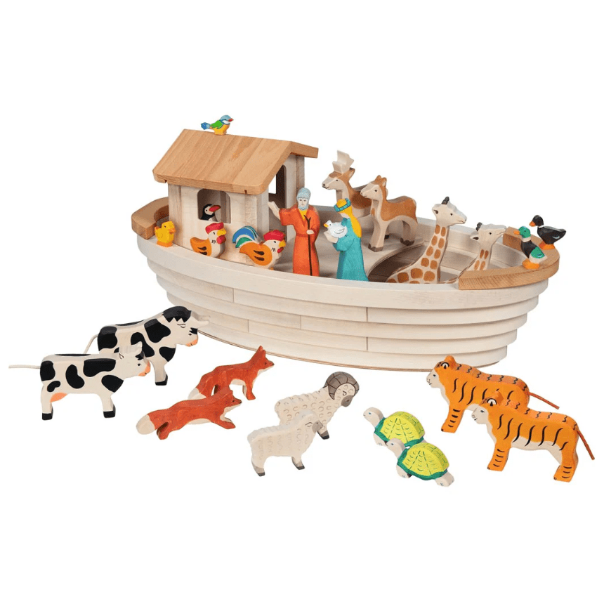 Holztiger toy Noah's Ark with wooden animals on a white background