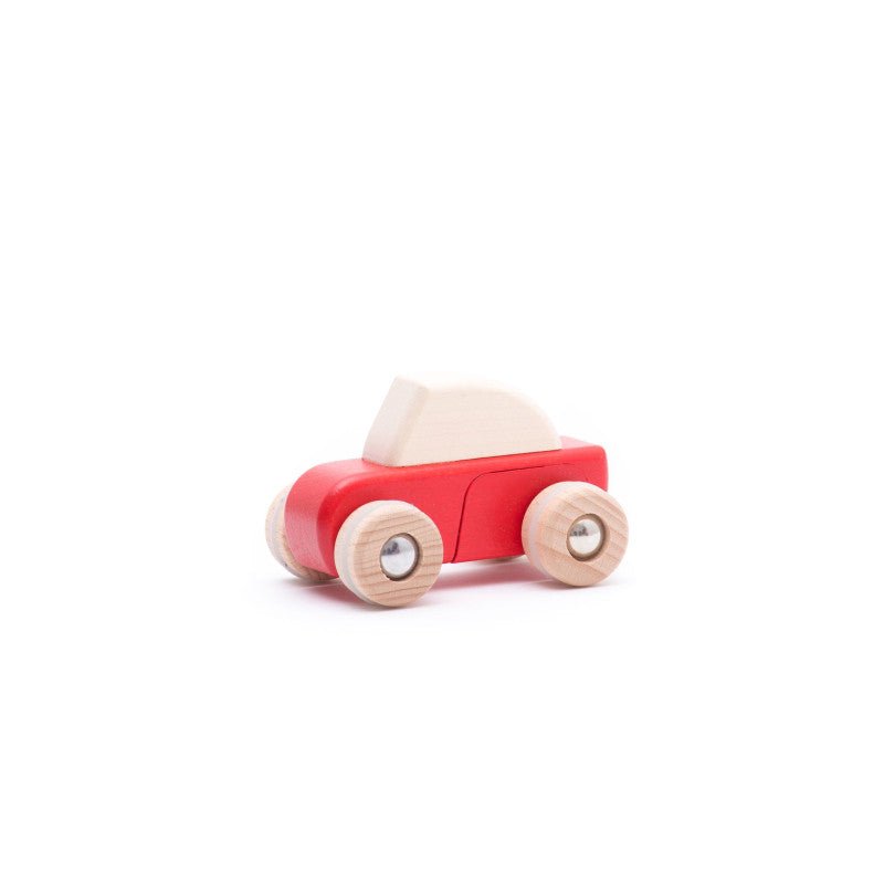 Wooden toy car with red body and beige wheels on a white background