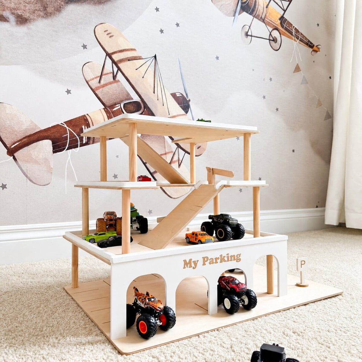 Wooden Toy Parking Garage with Elevator